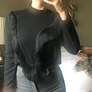 BLACK CREW NECK TASSLE BLOUSE, SIZE 4